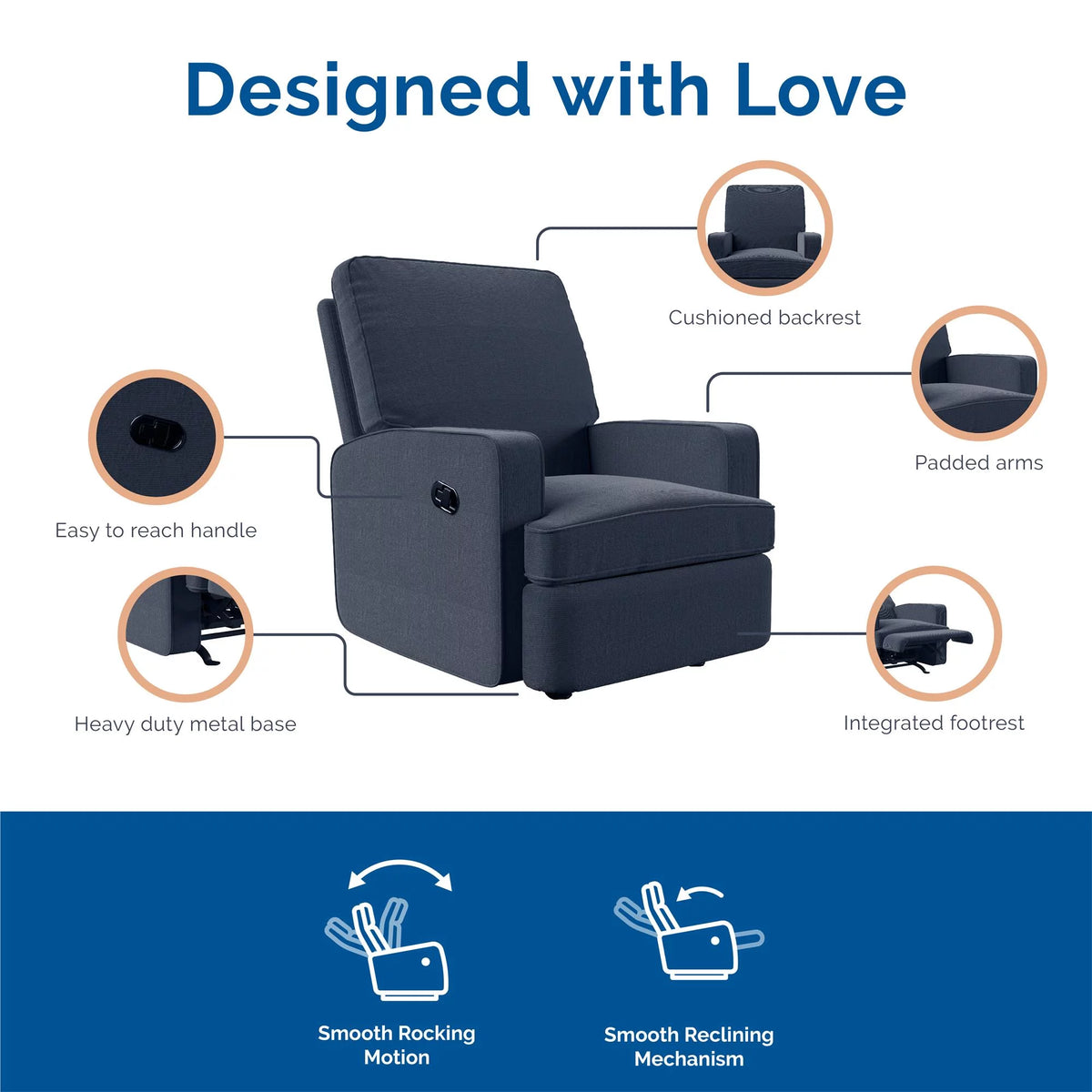 Navy Chenille Rocker Recliner Chair Q64811