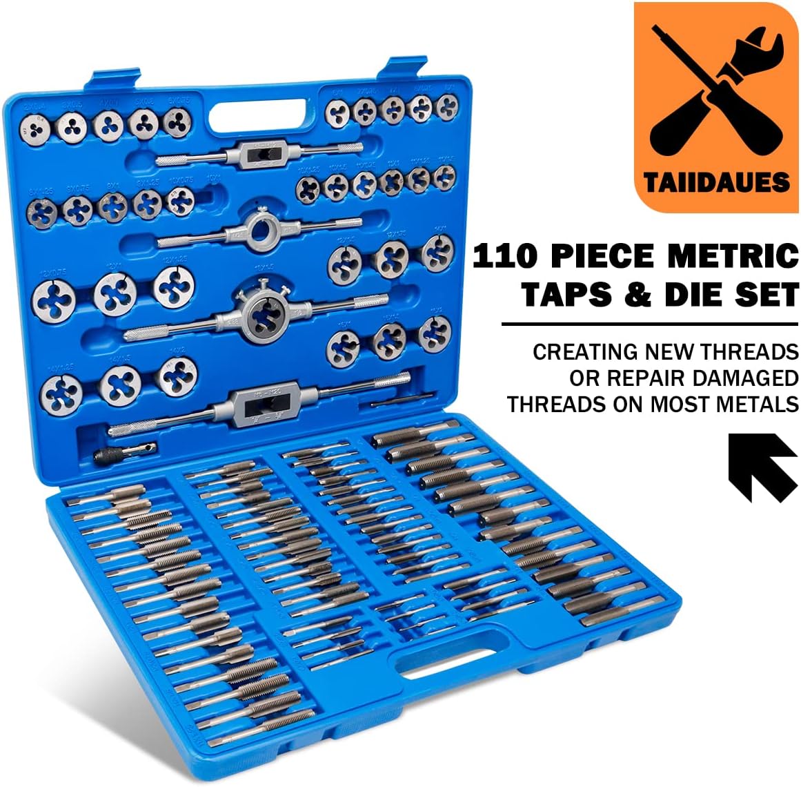 110 Piece Hardened Alloy Steel Metric Tap And Die Threading Tool Set with Storage Case F526