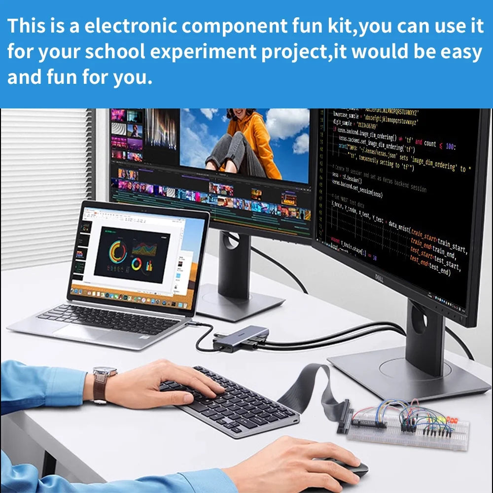 Electronics Component Fun Kit with Power Supply Module, Breadboard, GPIO Extension Module, Jumper Wires, LED T803
