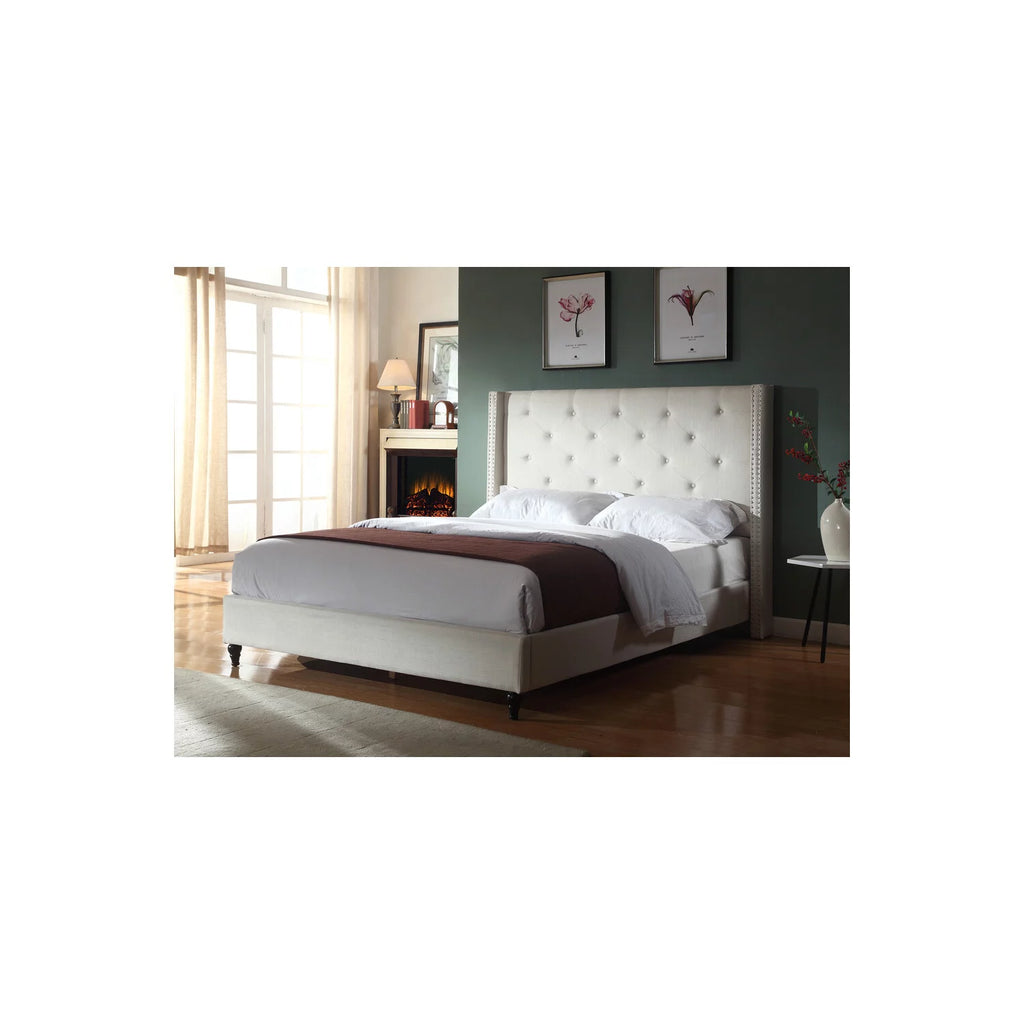 Beige Fabric Upholstered Wingback Platform Bed O953385