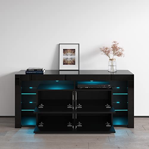 Modern High Gloss 61" TV Stand with Storage Cabinets and LED Lights D4931