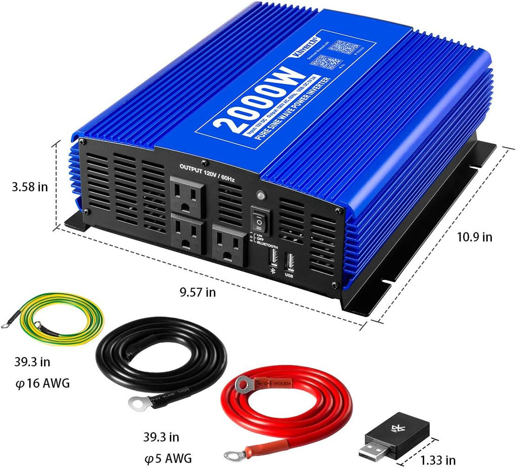 2000W Pure Sine Wave Power Inverter 12V DC to 110V AC with 3 AC Outlets & 1 USB Port Z470