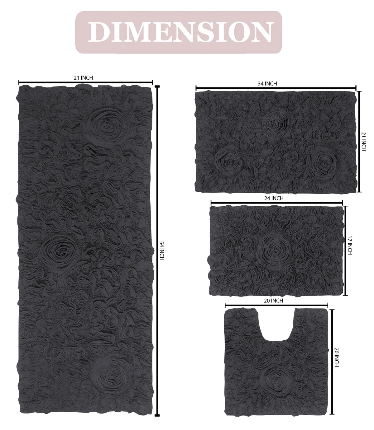 100% Cotton Non-Slip Bathroom Rug Set, 4 Piece Bath Mat Set with Contour Grey W36451