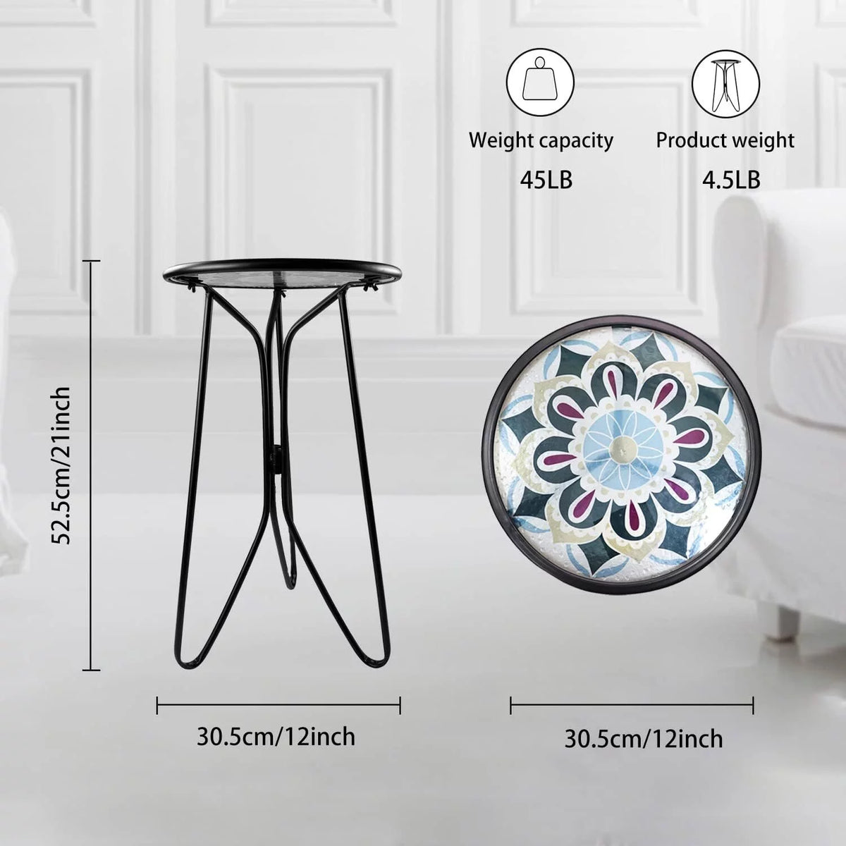 Mosaic Metal Round Glass Table 12x12x22 inch W377