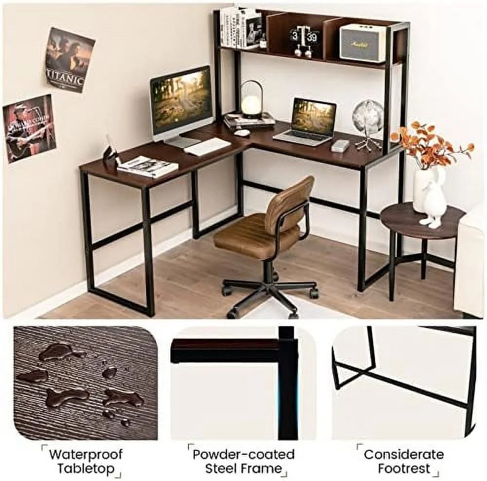 Reversible L-Shaped Corner Computer Desk with Hutch V45969
