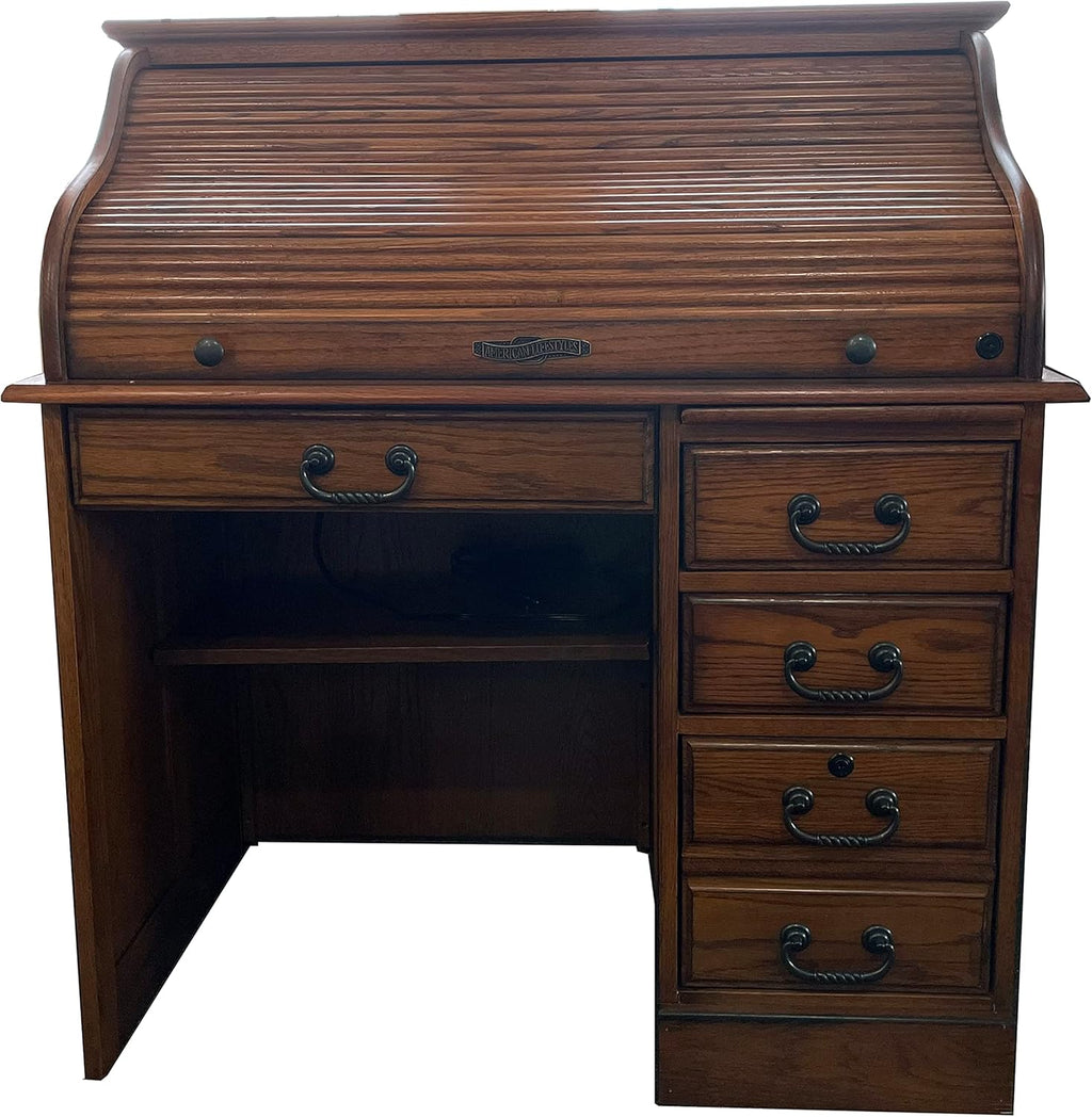 Solid Oak Wood Roll Top Desk with Locking File Drawers P67033