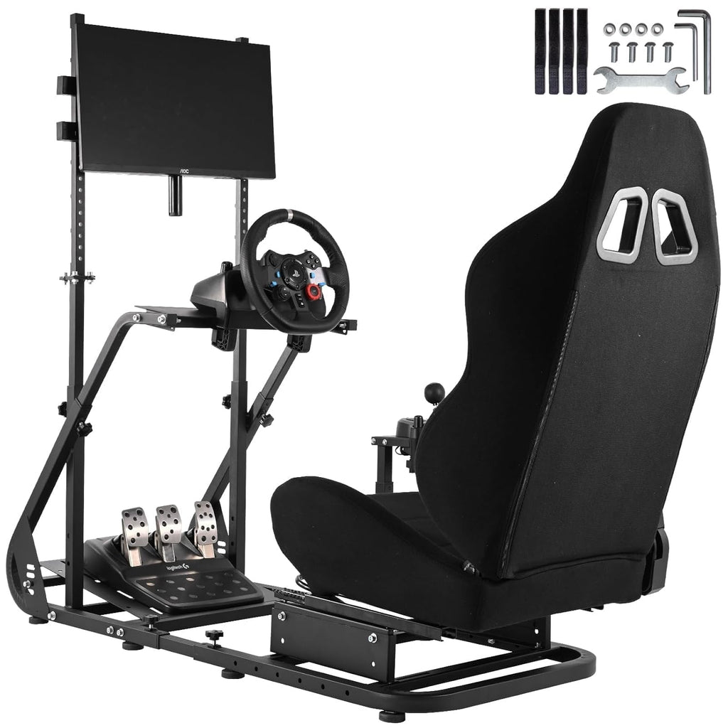 Black Seat TV VR Sim Racing Simulator Cockpit with Monitor Stand U89273