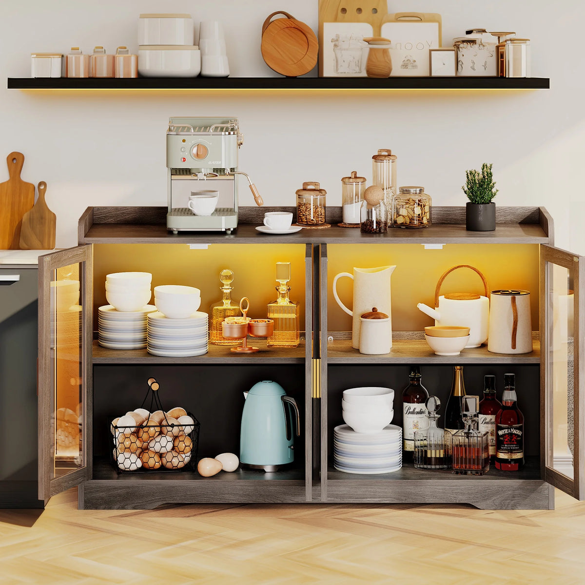 Gray Wood Acrylic Glass Sideboard Cabinet with LED Light E309238