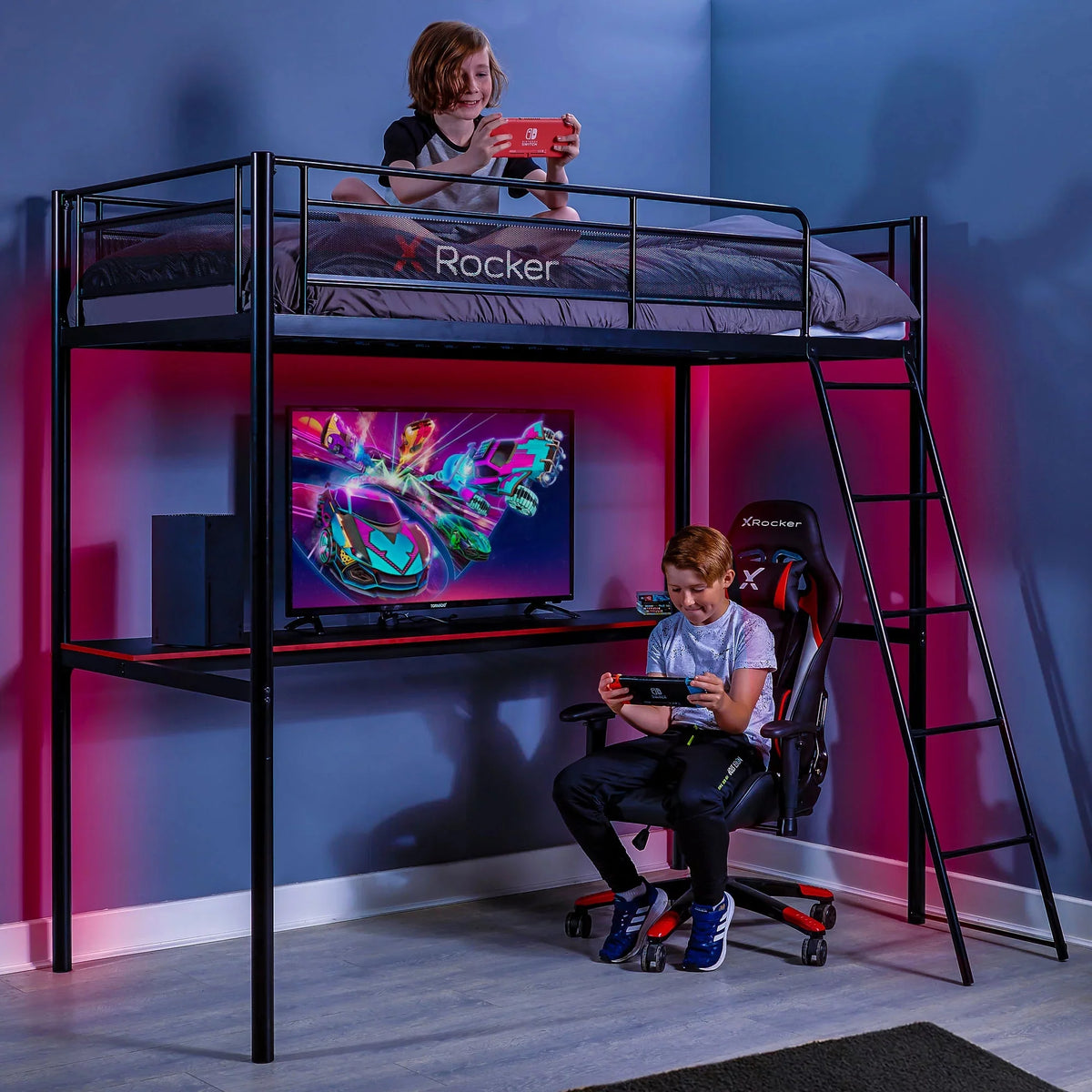 Black Twin Bunk Bed with Built-In Shelving W21436