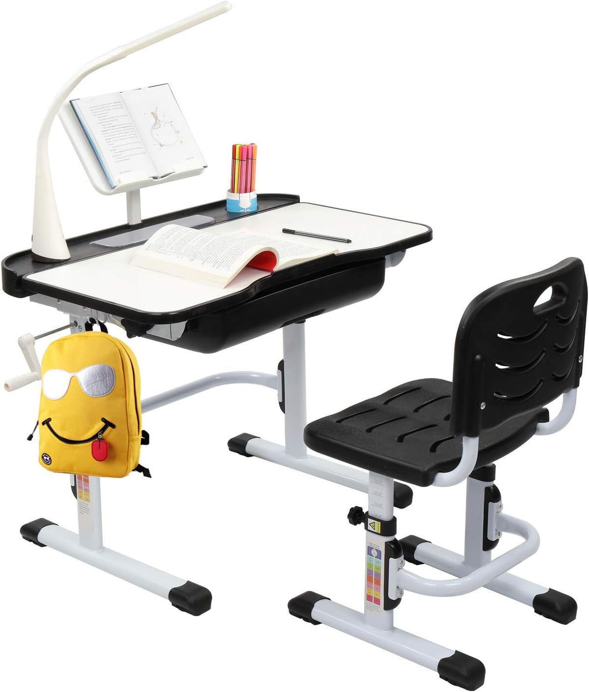 Grey Kids Desk Chair Set with Lamp, Height Adjustable Study Desk with Tilt Desktop, Pull Out Drawer Storage, Pencil Case, Bookstand, LED Light E754744