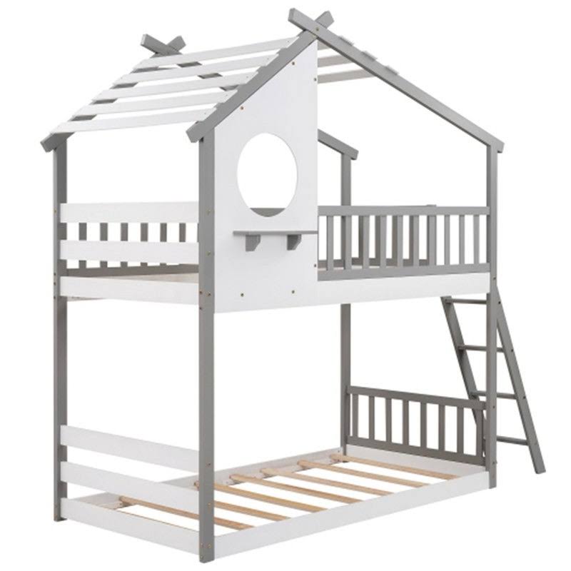 Gray Twin Over Twin Solid Wood Bunk Bed with Ladder M956