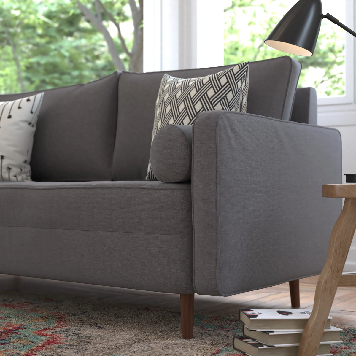 Dark Gray Tufted Faux Linen Sofa with Solid Wood Legs U994