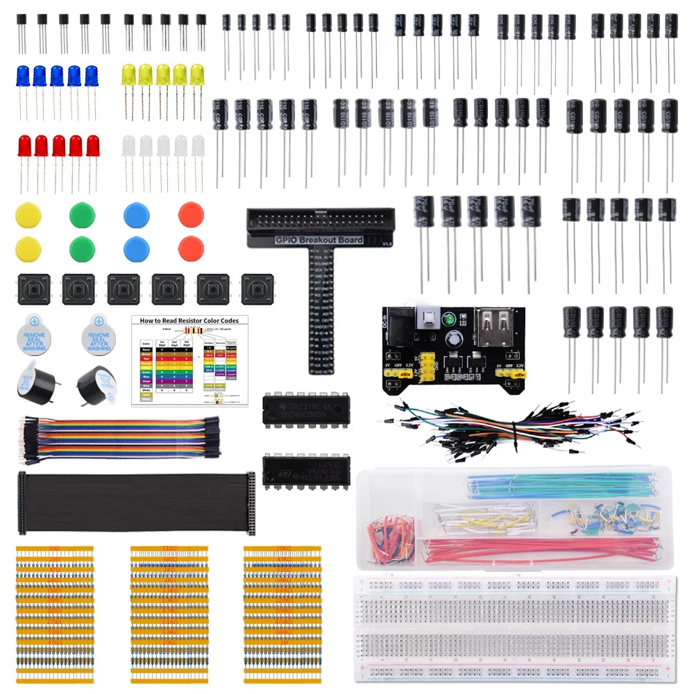 Electronics Component Fun Kit with Power Supply Module, Breadboard, GPIO Extension Module, Jumper Wires, LED T803