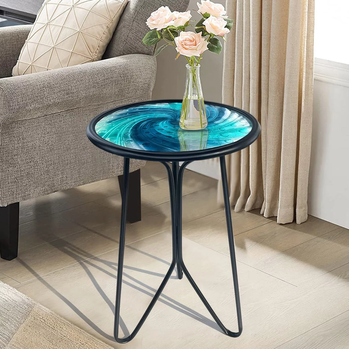 Mosaic Metal Round Glass Table 12x12x22 inch W377