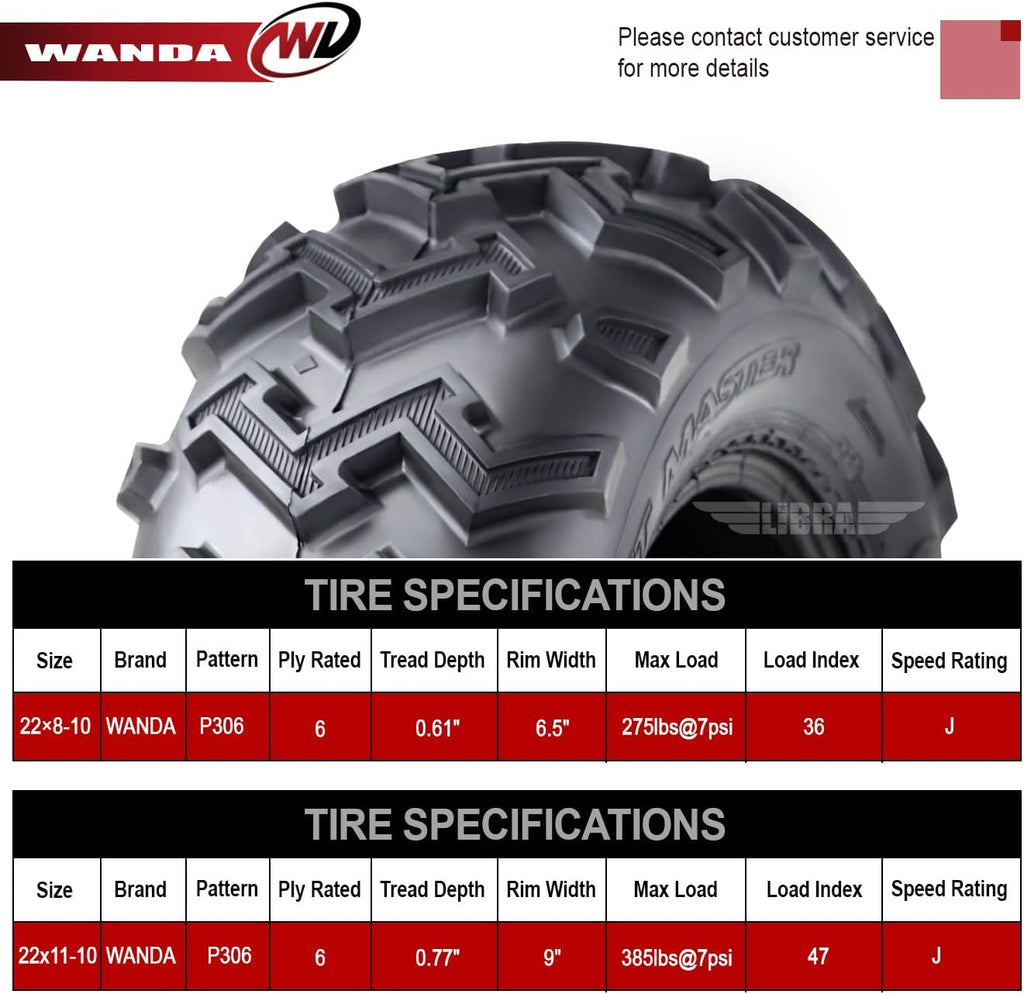 Set of 4 ATV UTV Tires 22x8-10 Front & 22x11-10 Rear 6 Ply M506