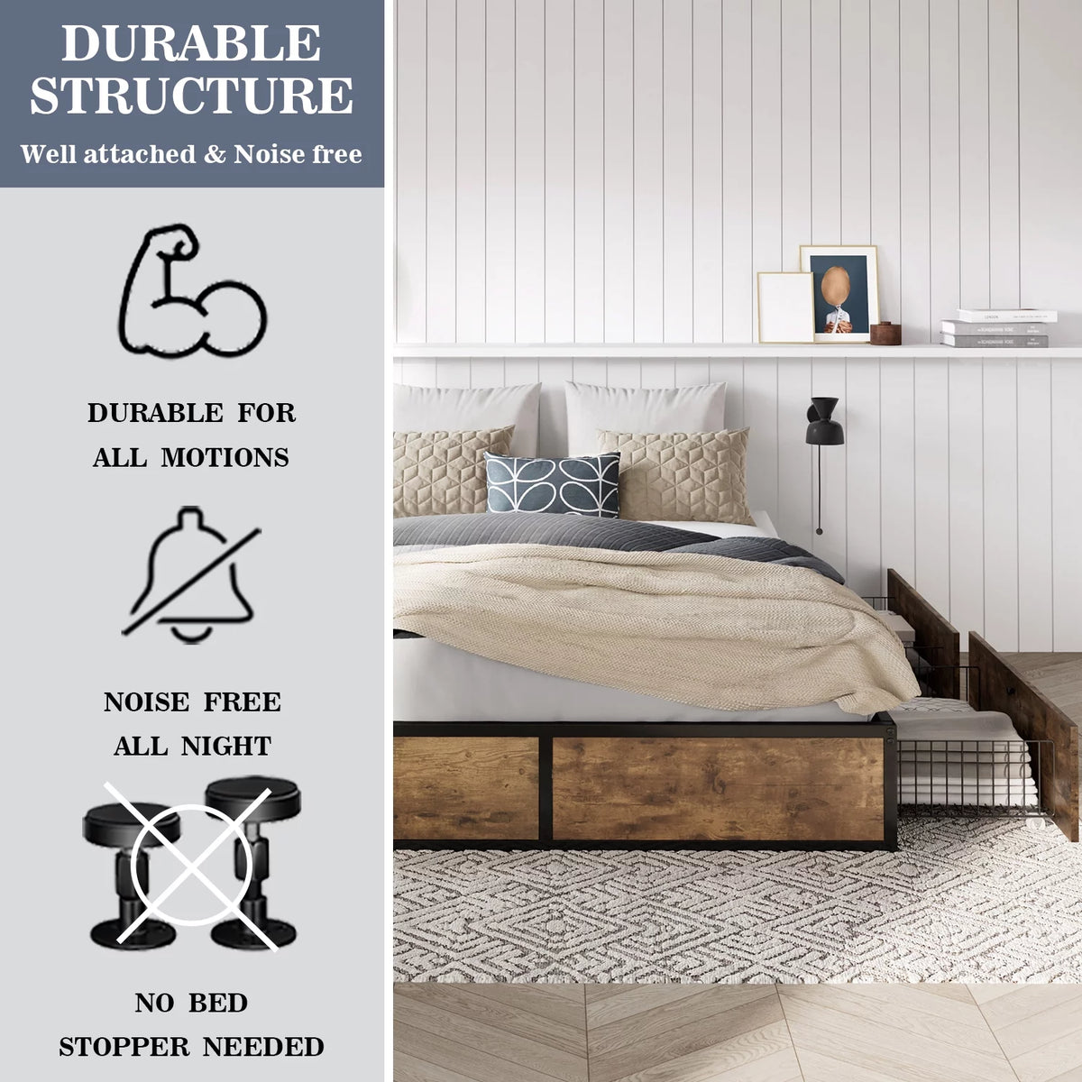 Queen Size Metal Platform Bed Frame with 4 Storage Drawers O541472