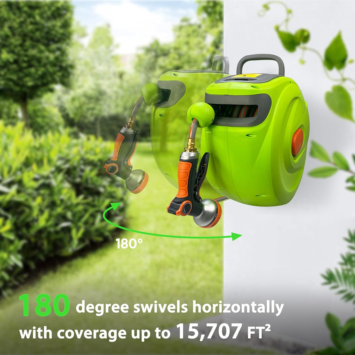 Retractable Garden Hose Reel, 1/2'' x 100+10 FT Wall Mounted with 8 Patterns Nozzles I96594
