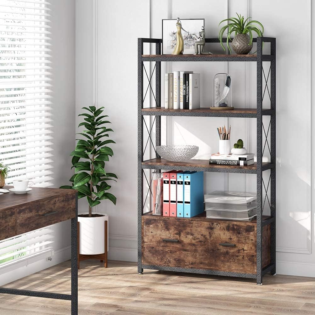 File Cabinet with Drawer, Letter Size/A4 Size Lateral Filing Cabinet with Open Storage Shelves I4591