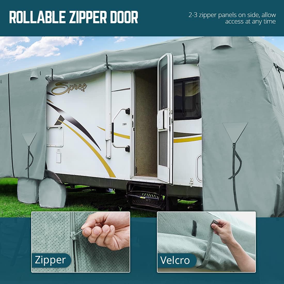 Extra-Thick 4 Layers Travel Trailer RV Cover with 2Pcs Extra Straps & 4 Tire Covers J7935