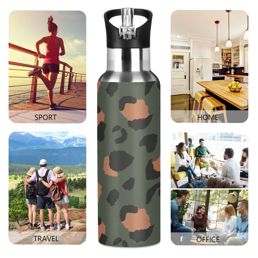 Green-brown Leopard Print 20 OZ Stainless Steel Vacuum Insulated Water Bottle with Straw Lid N4117