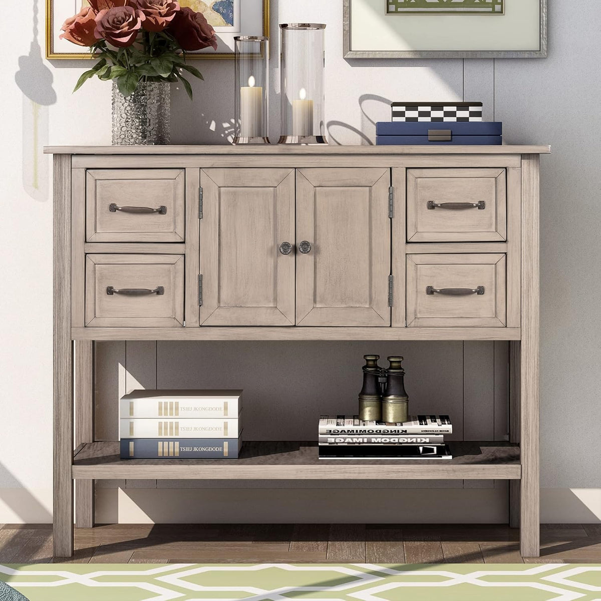 White Wood Console Table with 4 Drawers Y51611