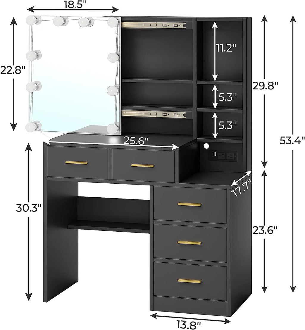 Black Vanity Table with Sliding Mirror and LED Lights A33713