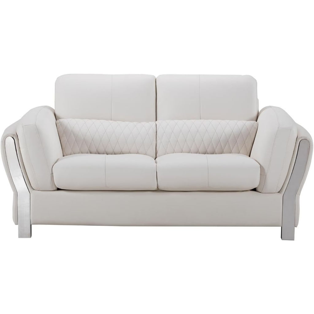 White and Silver Faux Leather Wooden Loveseat with Attached Lumbar Cushion V85194