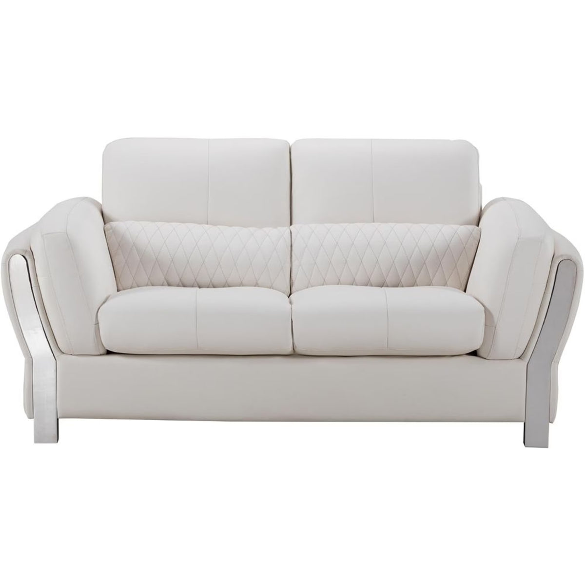 White and Silver Faux Leather Wooden Loveseat with Attached Lumbar Cushion V85194