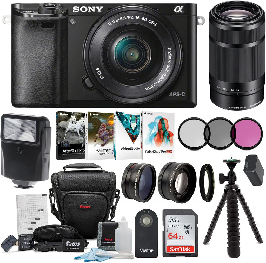24.3MP Mirrorless Camera with 16-50mm & 55-210mm Zoom Lens (Black) and 64GB Accessory Bundle J1283