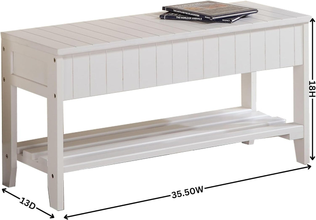 White Solid Wood Storage Bench with Open Shelves F588