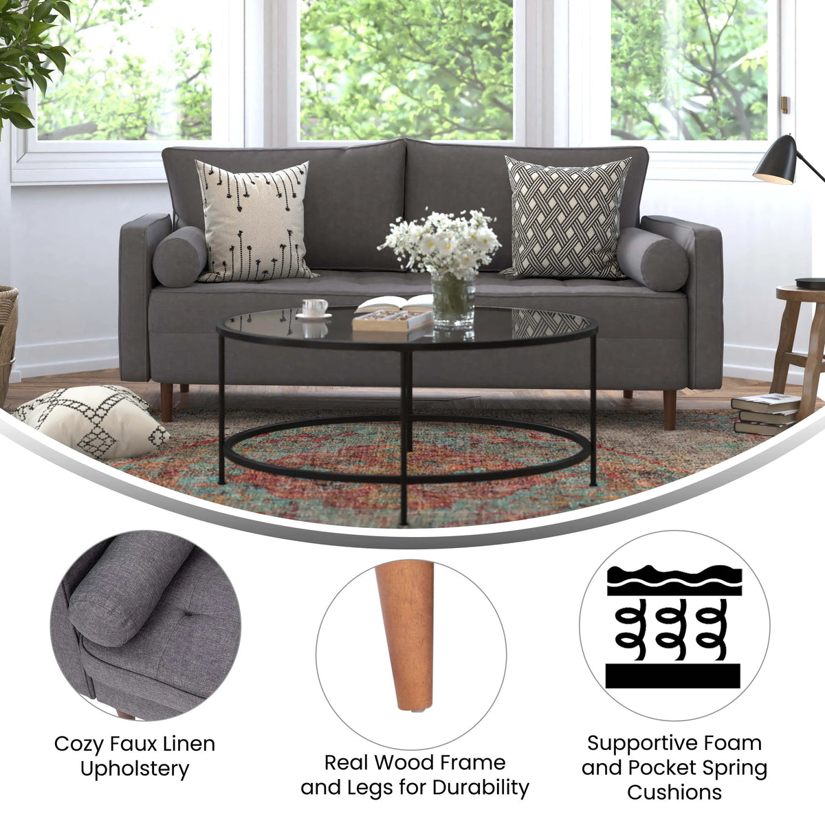 Dark Gray Tufted Faux Linen Sofa with Solid Wood Legs U994