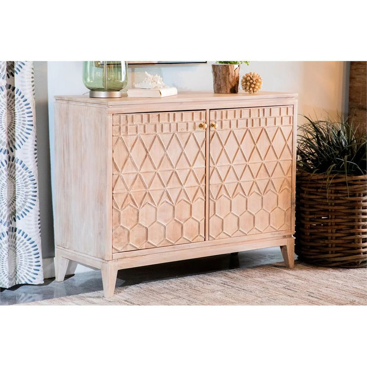 White Distressed 2-door Geometric Accent Cabinet F4708