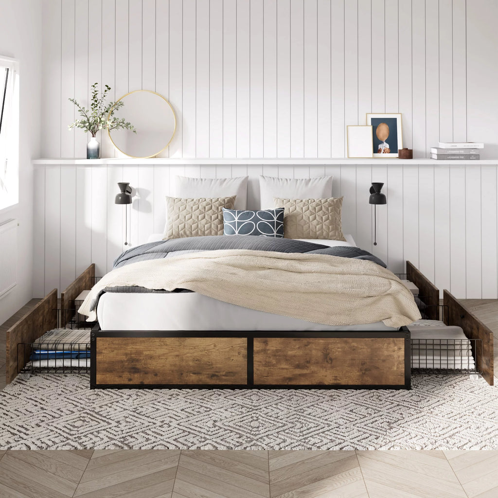 Queen Size Metal Platform Bed Frame with 4 Storage Drawers O541472