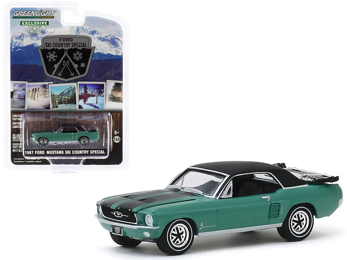 1967 Ford Mustang Coupe Loveland Green Metallic with Black Stripes and Black Top 1/64 Die-Cast P89396