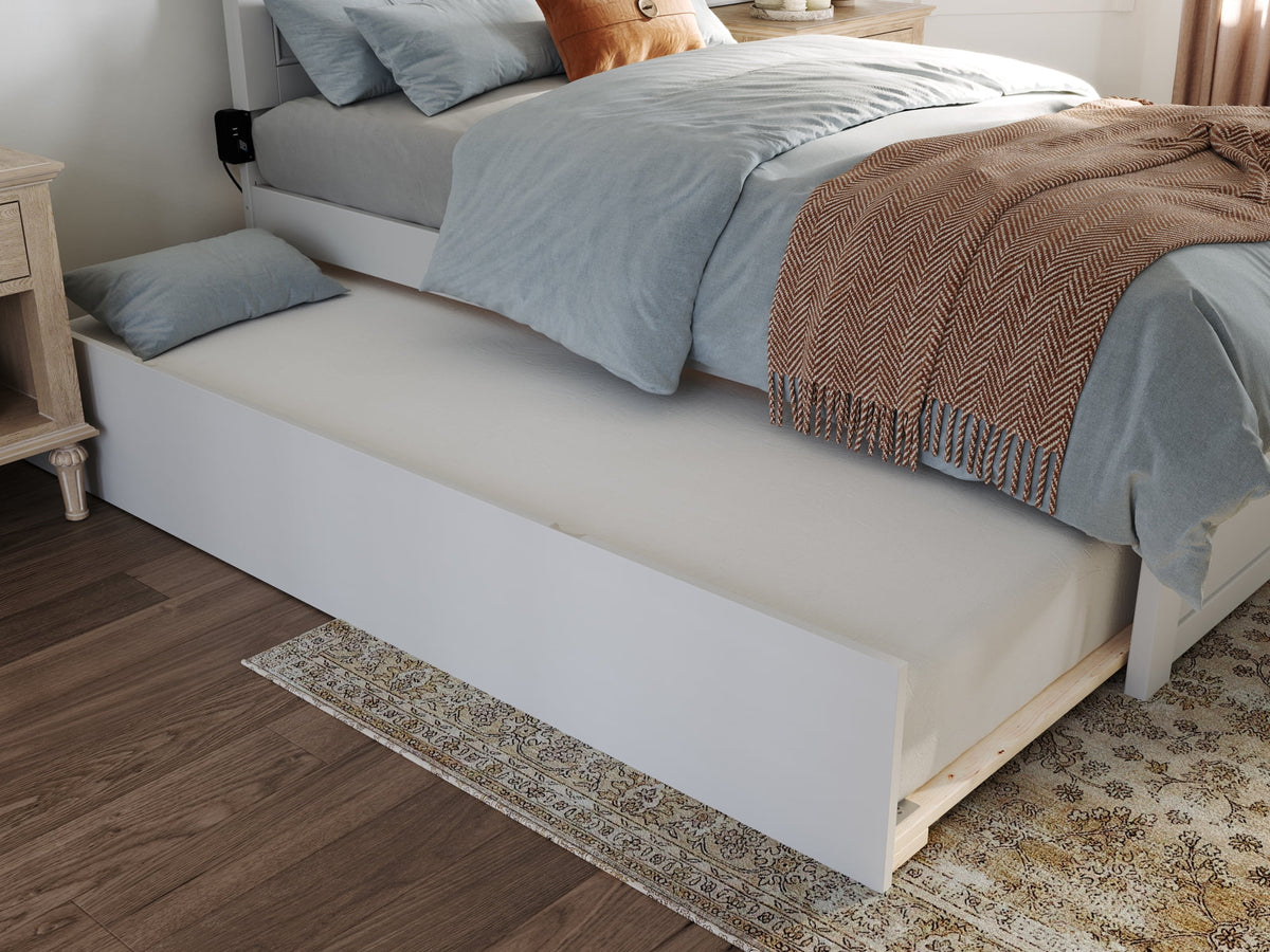 White Solid Wood Platform Bed with Footboard & Twin Trundle C9747