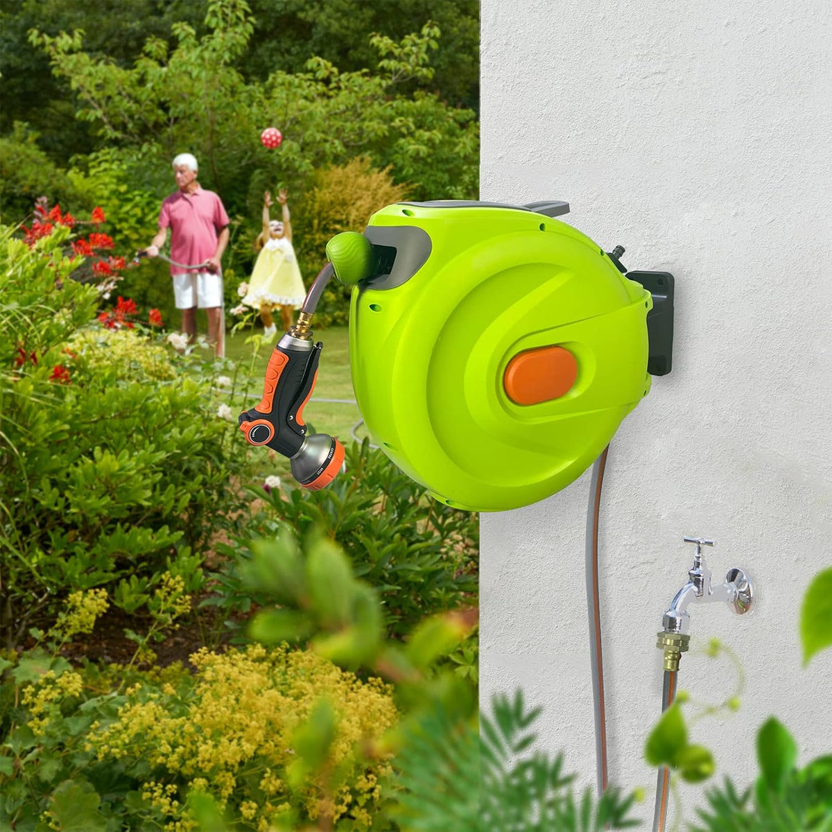 Retractable Garden Hose Reel, 1/2'' x 100+10 FT Wall Mounted with 8 Patterns Nozzles I96594