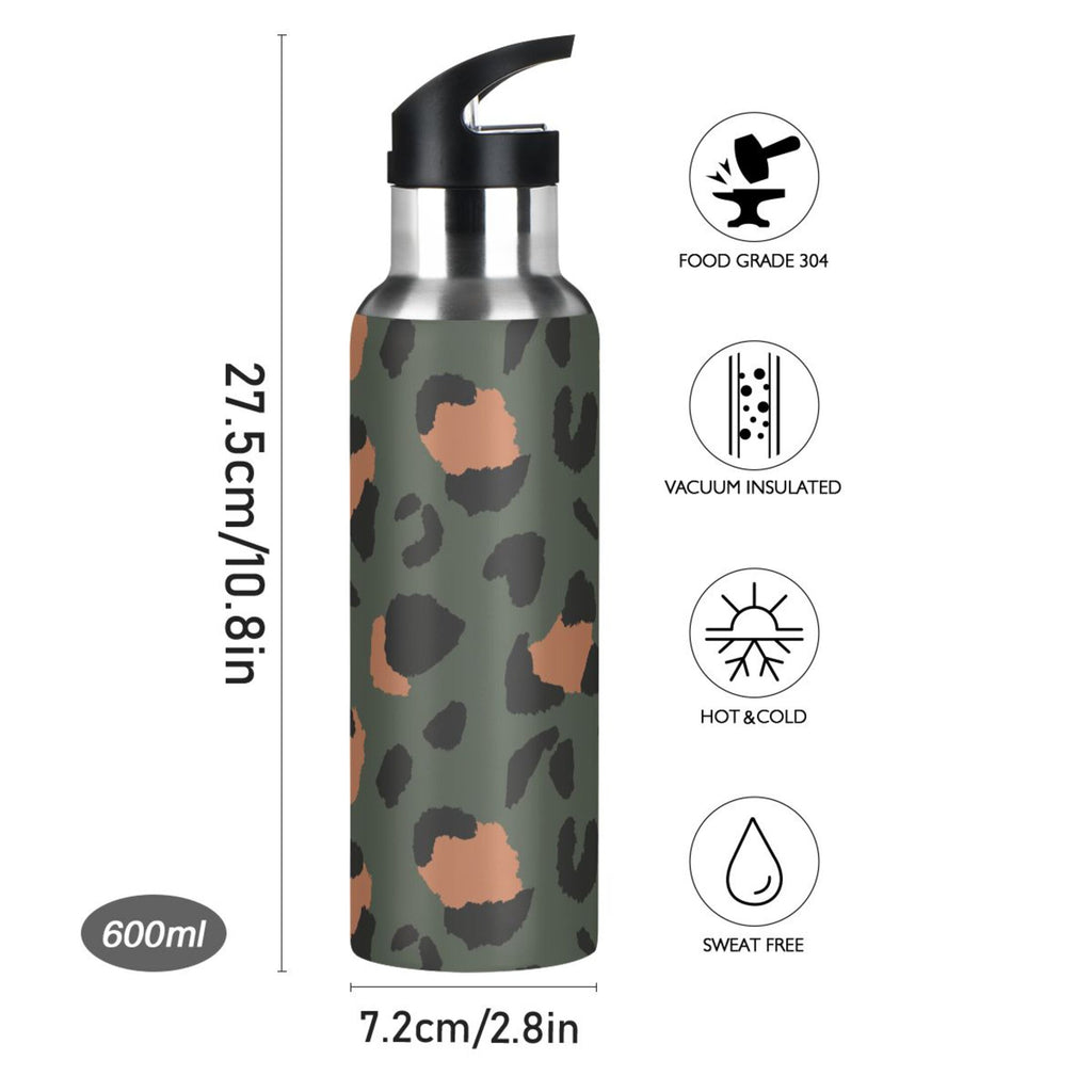 Green-brown Leopard Print 20 OZ Stainless Steel Vacuum Insulated Water Bottle with Straw Lid N4117
