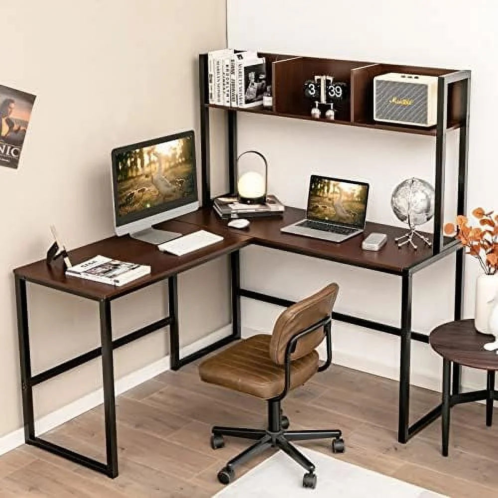 Reversible L-Shaped Corner Computer Desk with Hutch V45969