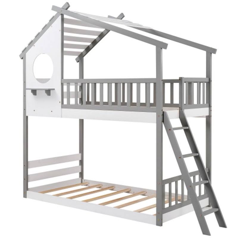 Gray Twin Over Twin Solid Wood Bunk Bed with Ladder M956