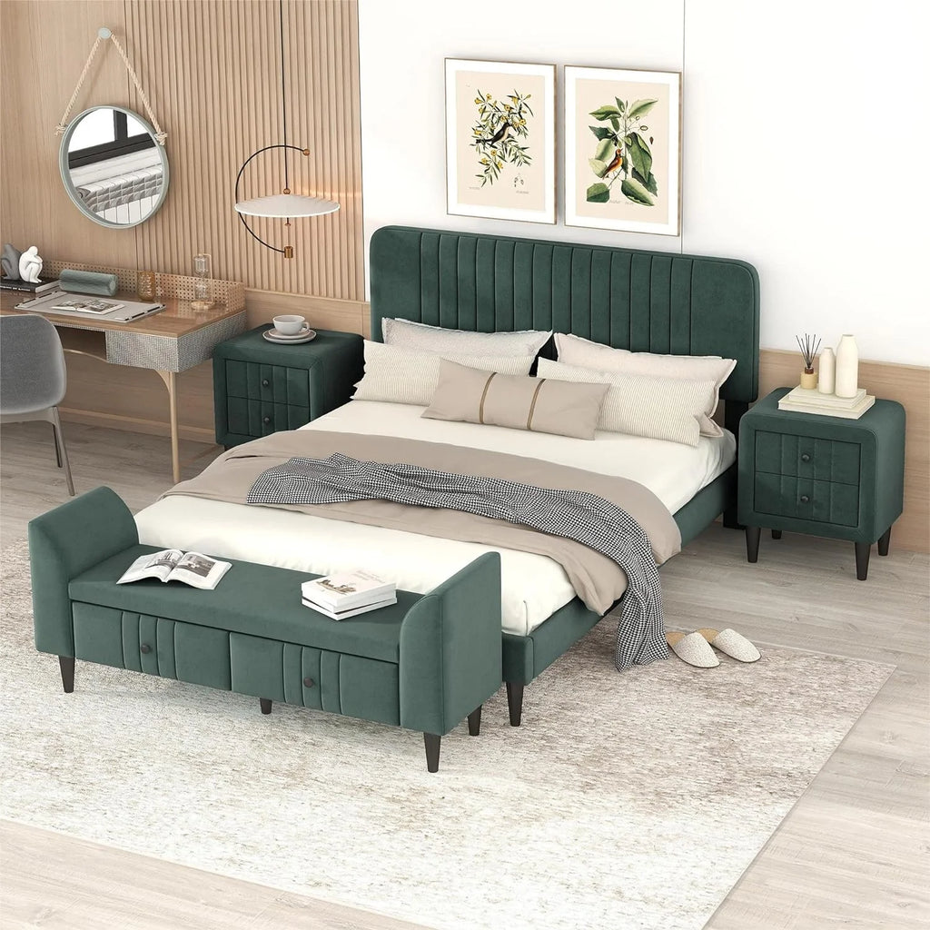 Queen Size Upholstered Platform Bed with Storage Bench B932
