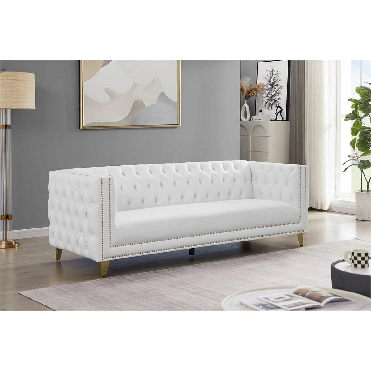 White Faux Leather and Iron Sofa G2625