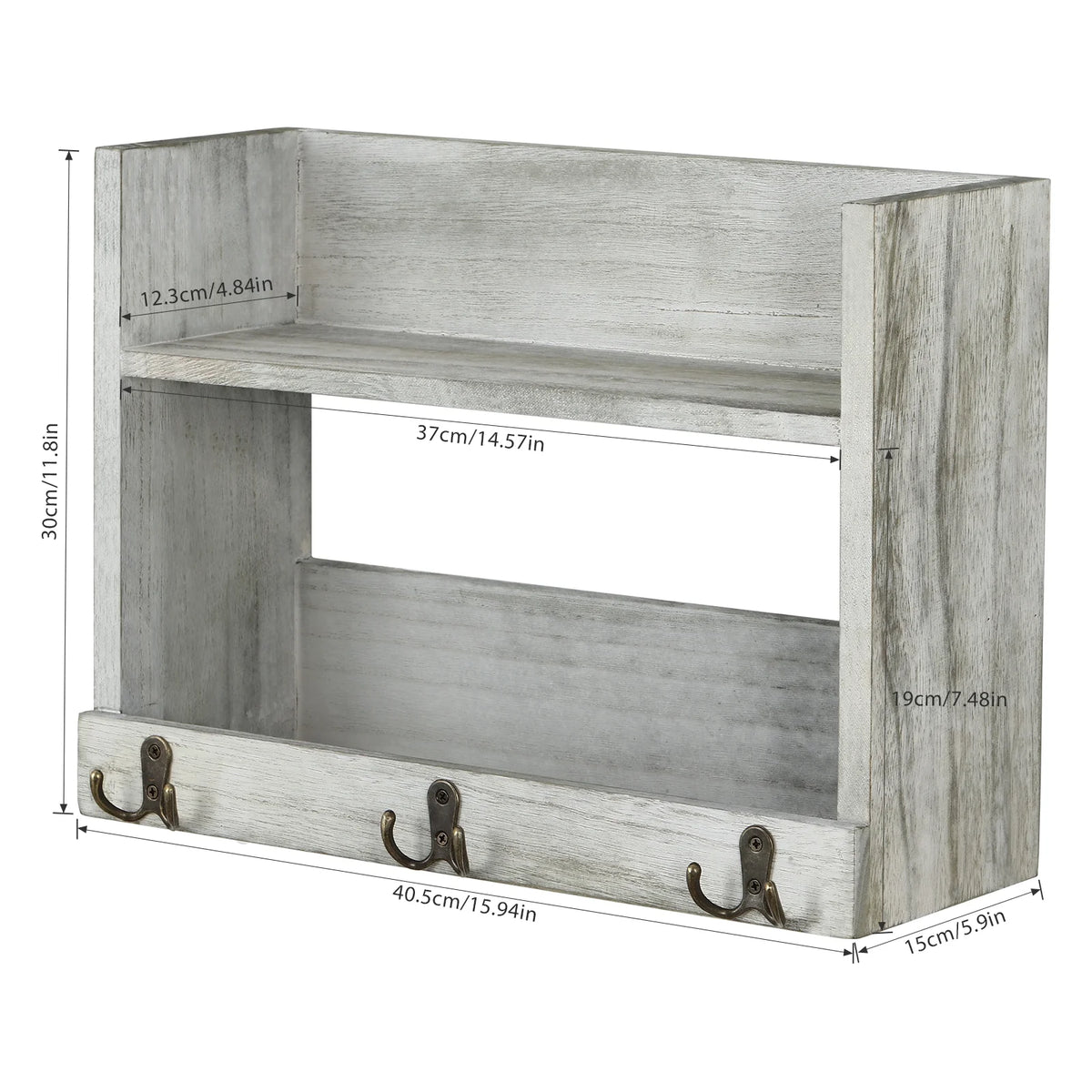 Rustic Wood Floating Storage Shelf with 3 Hooks N2422