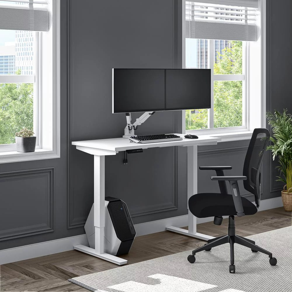 White Electric Standing Desk with Monitor Arms Y122429