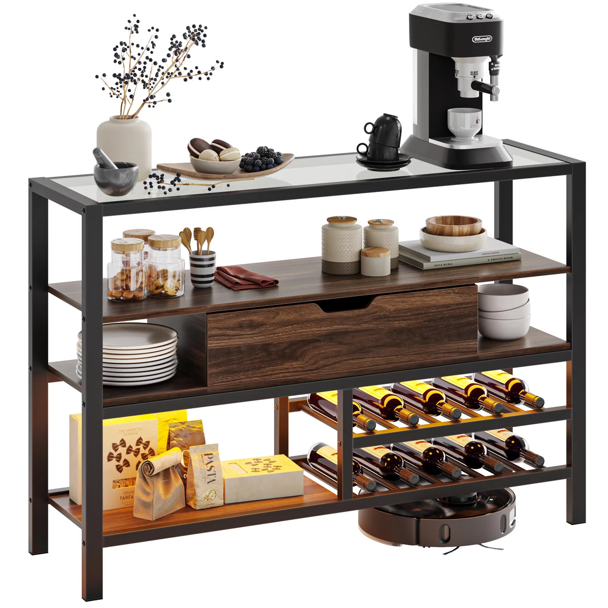 Glass Top Console Table with Wine Rack & Storage Cabinet F2727
