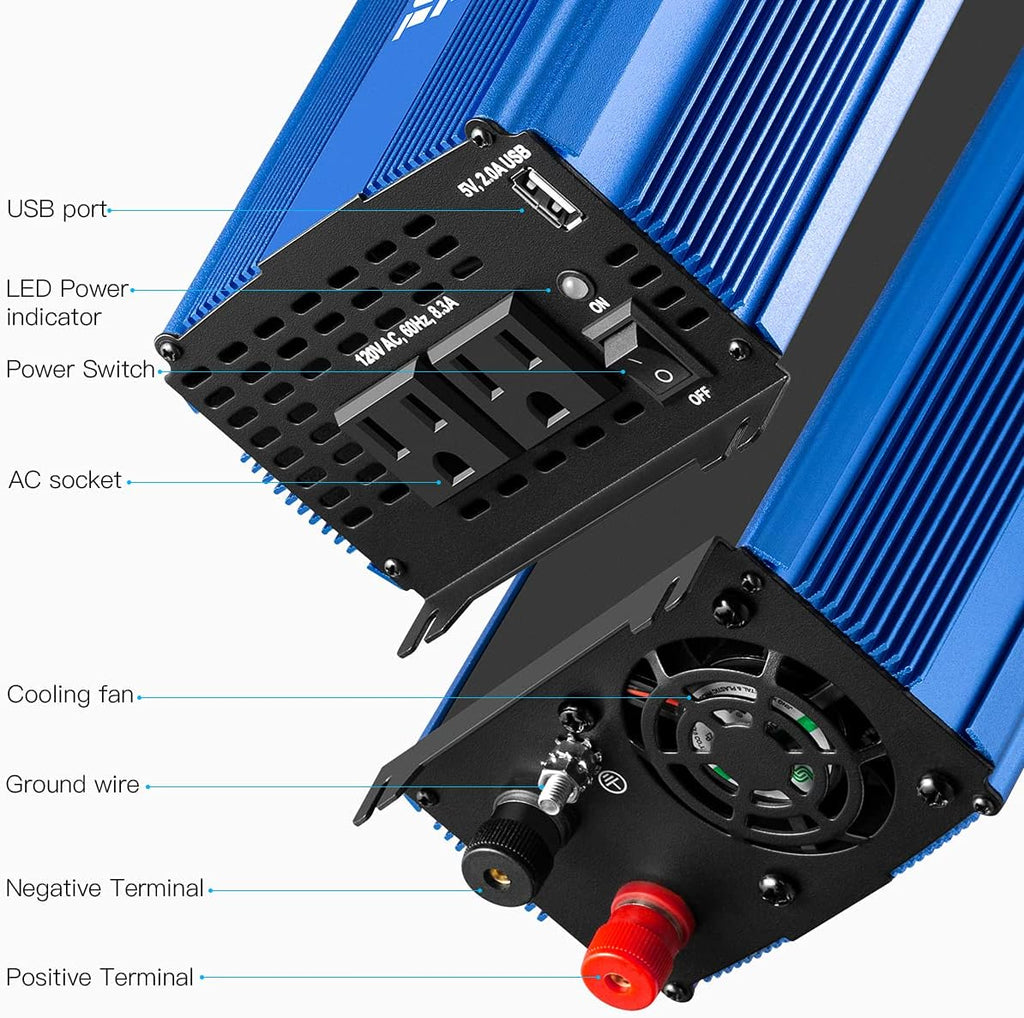 2000W Pure Sine Wave Power Inverter 12V DC to 110V AC with 3 AC Outlets & 1 USB Port Z470