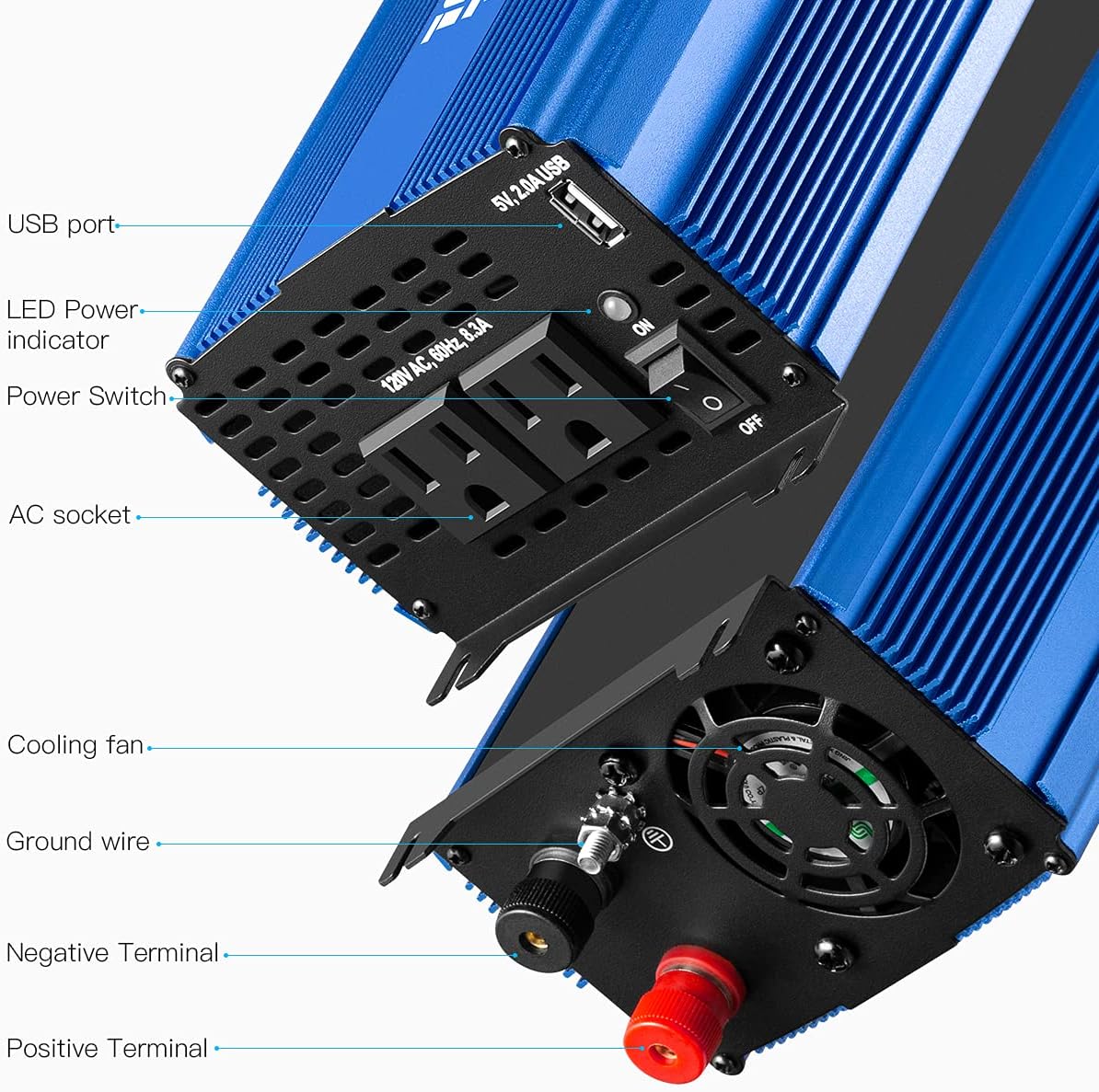 2000W Pure Sine Wave Power Inverter 12V DC to 110V AC with 3 AC Outlets & 1 USB Port Z470
