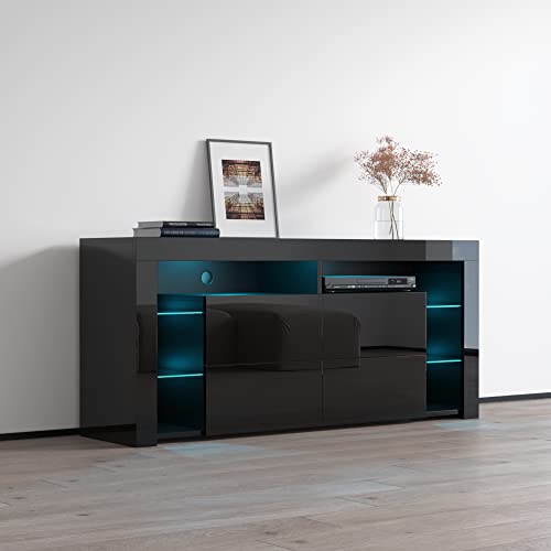 Modern High Gloss 61" TV Stand with Storage Cabinets and LED Lights D4931