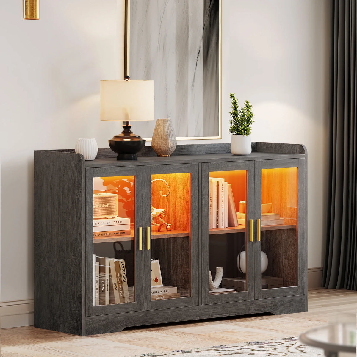 Gray Wood Acrylic Glass Sideboard Cabinet with LED Light E309238