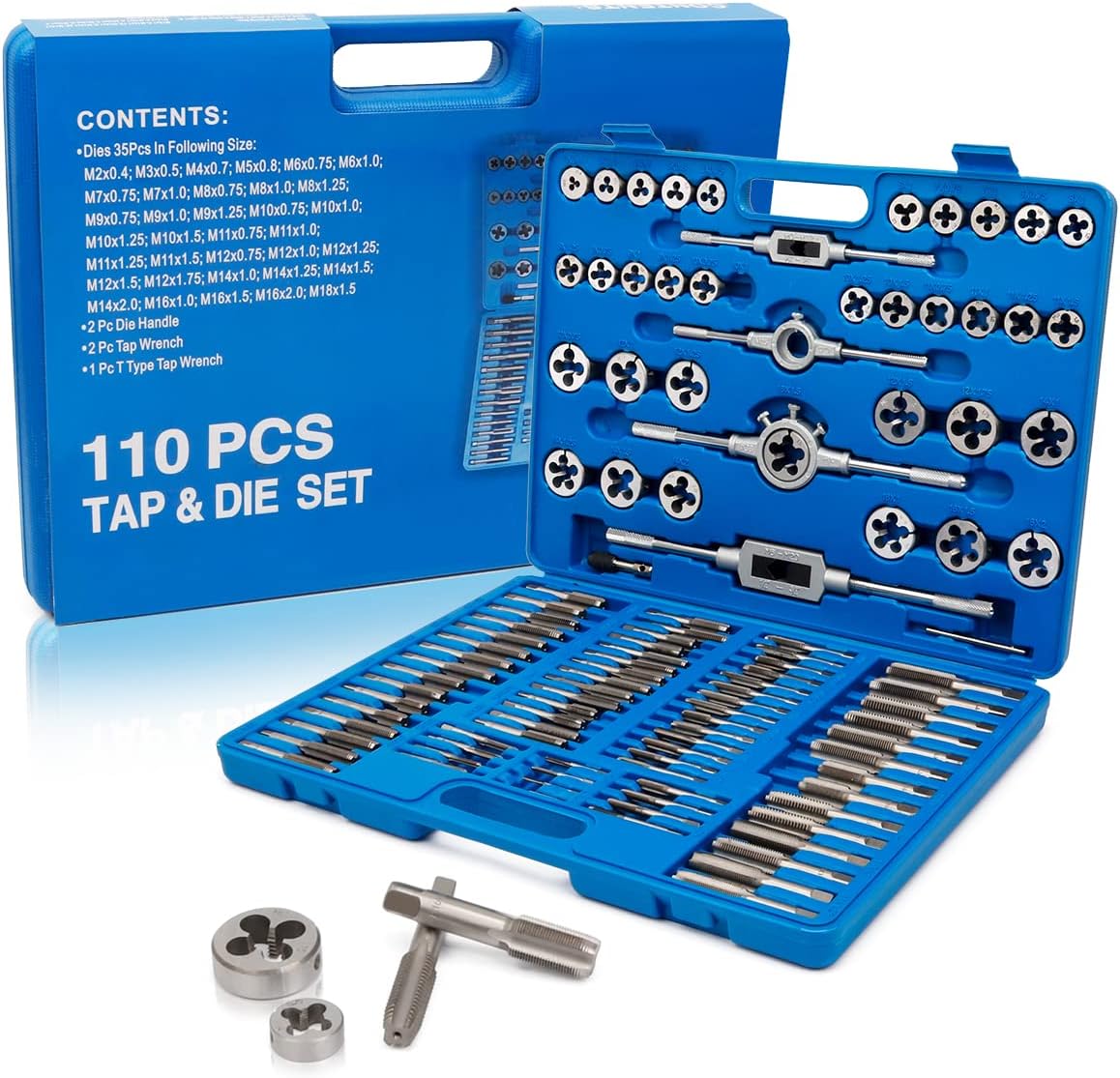 110 Piece Hardened Alloy Steel Metric Tap And Die Threading Tool Set with Storage Case F526