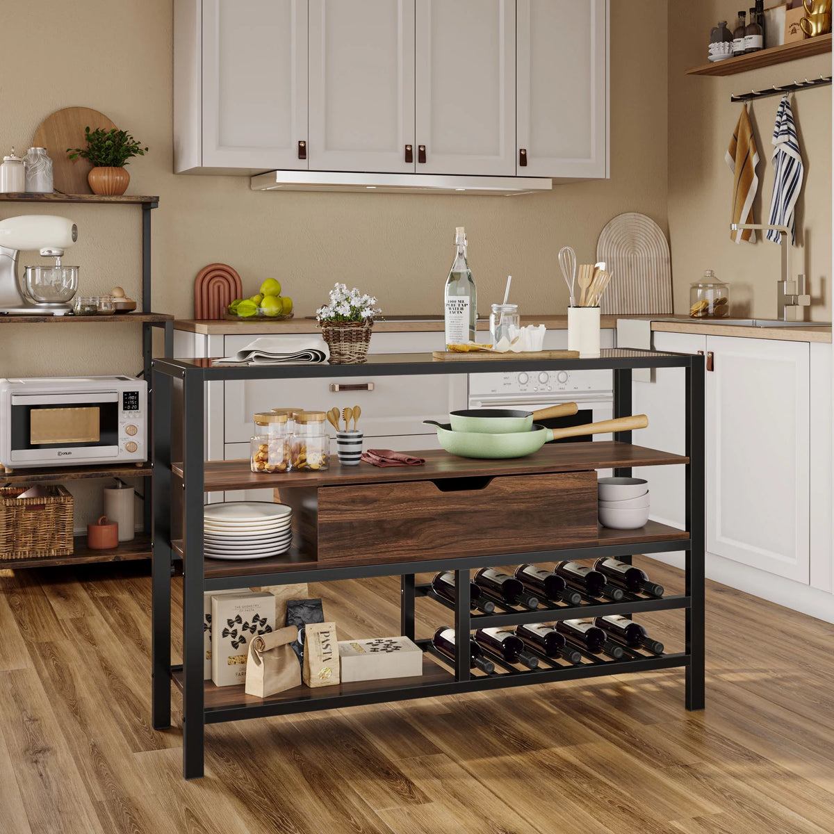 Glass Top Console Table with Wine Rack & Storage Cabinet F2727